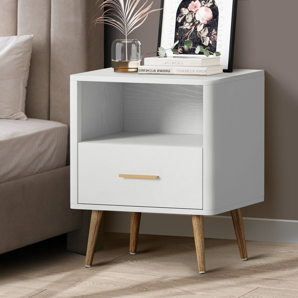 Oikiture Bedside Table 1 Drawer Open Shelf Nightstand White