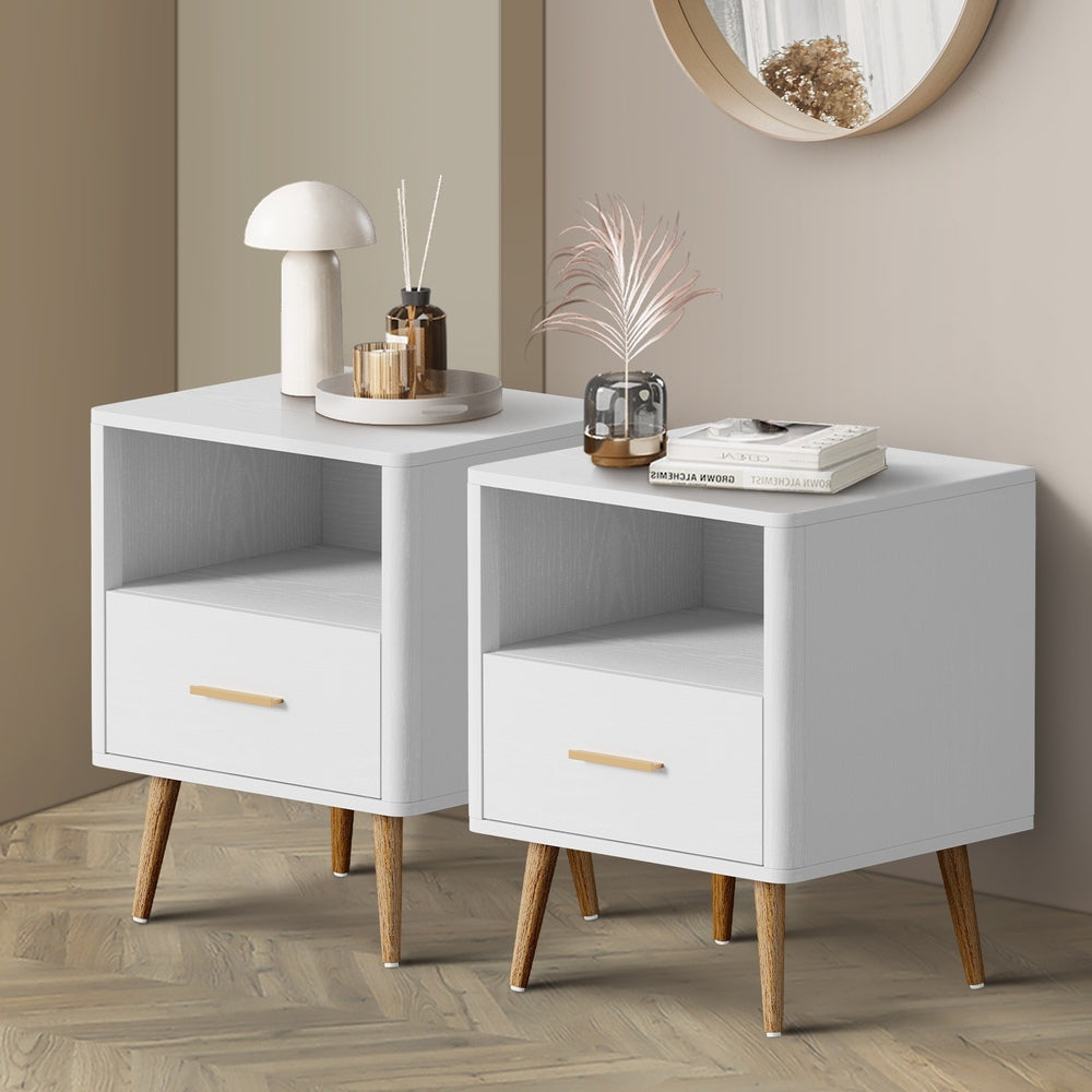 Oikiture 2x Bedside Table 1 Drawer Open Shelf Nightstand White