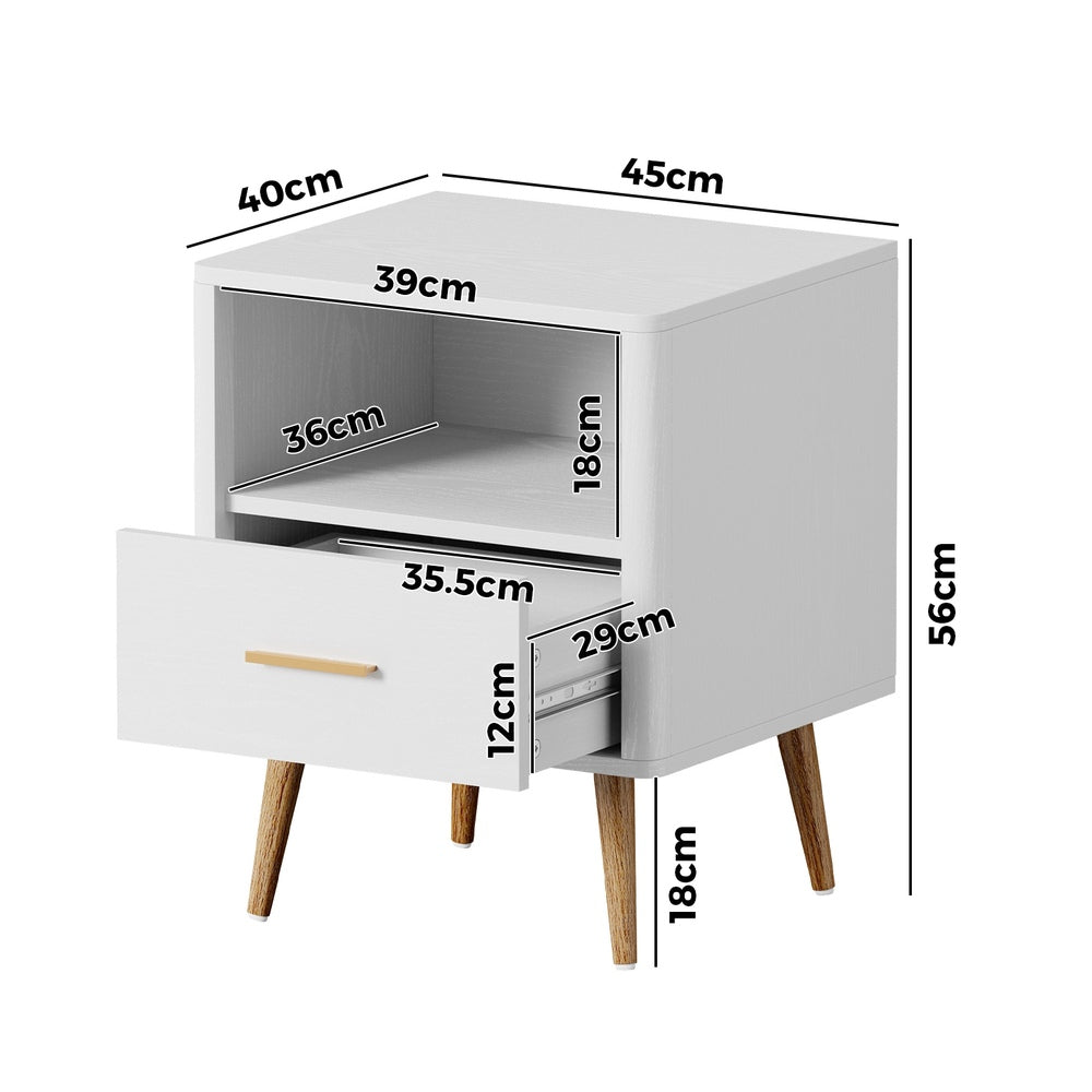 Oikiture 2x Bedside Table 1 Drawer Open Shelf Nightstand White