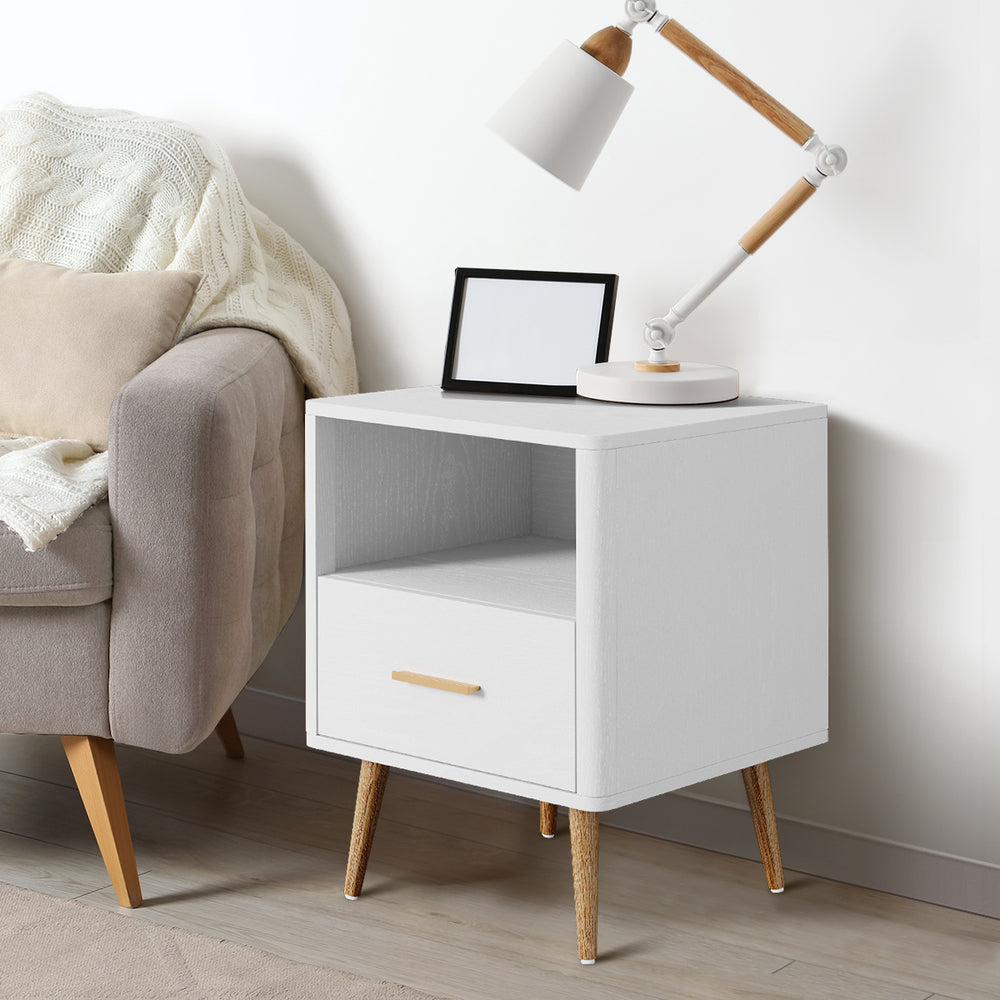 Oikiture 2x Bedside Table 1 Drawer Open Shelf Nightstand White