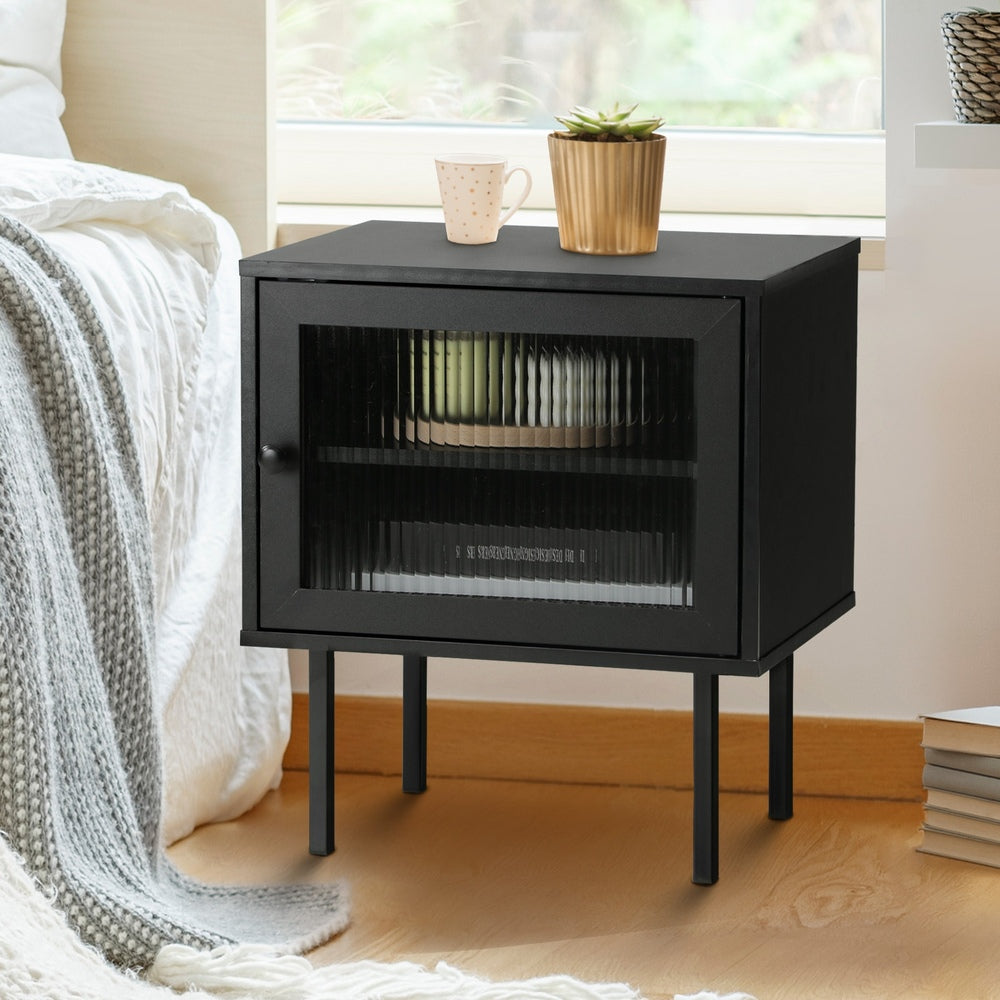 Oikiture Bedside Tables Storage Cabinet Wood Black