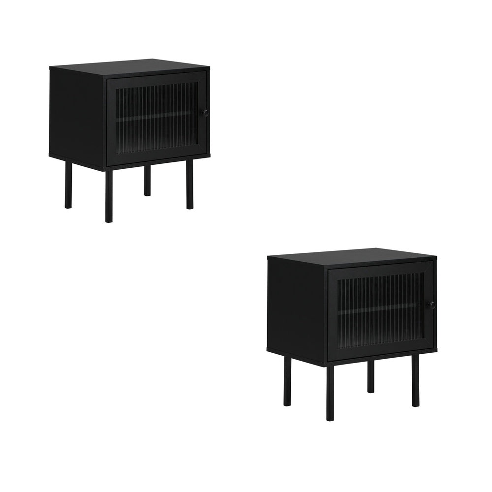 Oikiture 2X Bedside Tables Storage Cabinet Glass Door Black