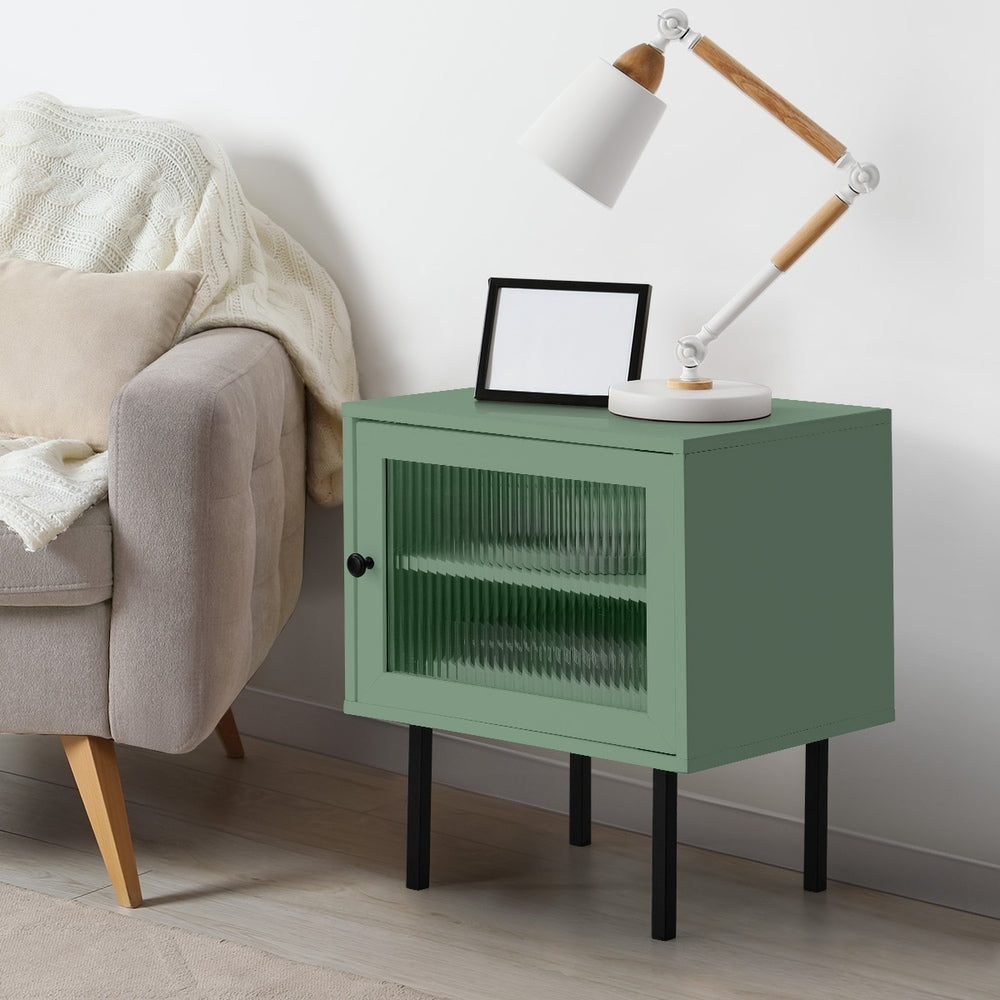 Oikiture 2X Bedside Tables Storage Cabinet Glass Door Green