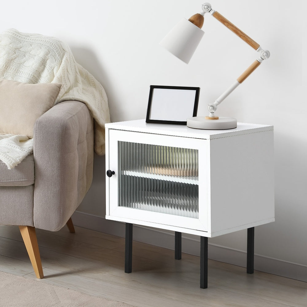 Oikiture 2X Bedside Tables Storage Cabinet Glass Door White