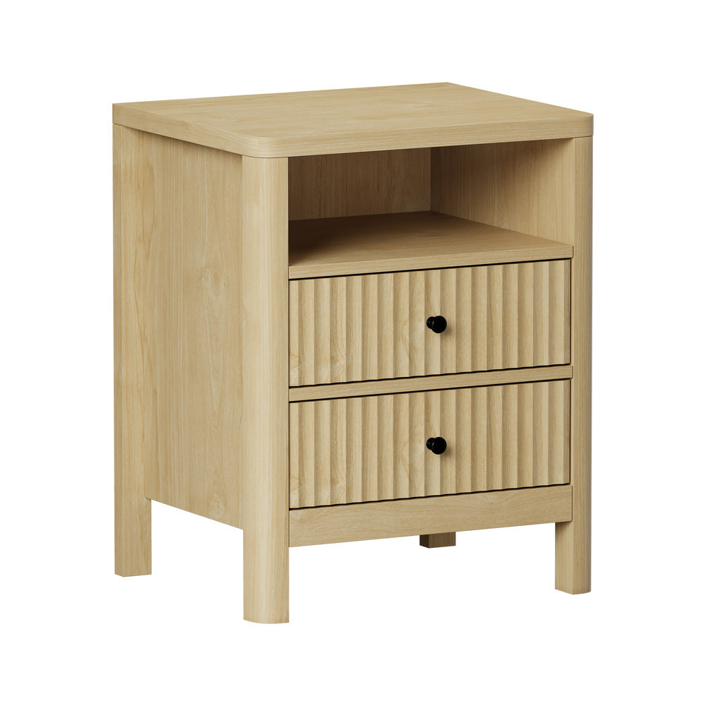 Oikiture Bedside Table 2 Drawers Side End Tables Open Shelf Natural