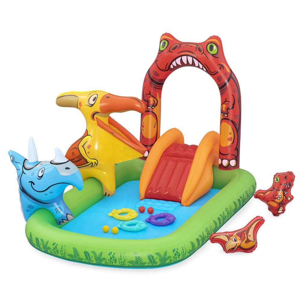 Bestway Jurassic Adventure Inflatable Splash Pool with Fun Slide and Tossing Games - 242x140cm