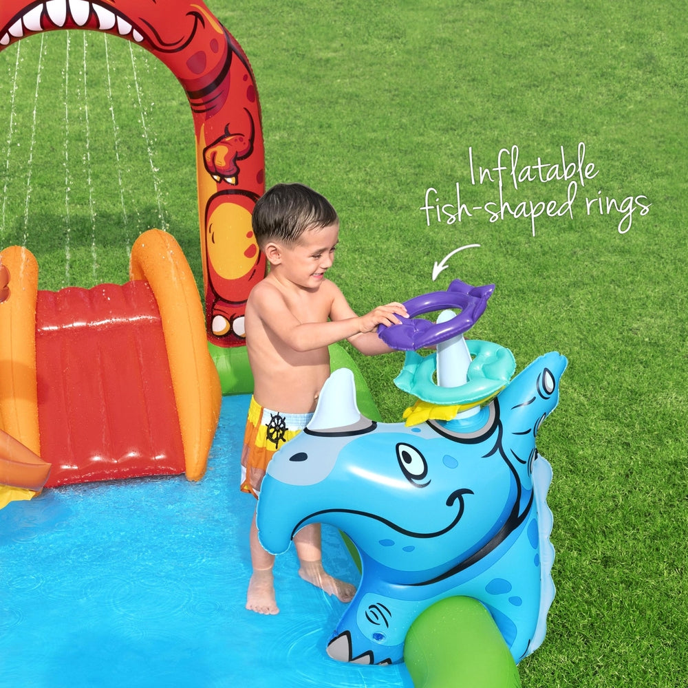 Bestway Jurassic Adventure Inflatable Splash Pool with Fun Slide and Tossing Games - 242x140cm