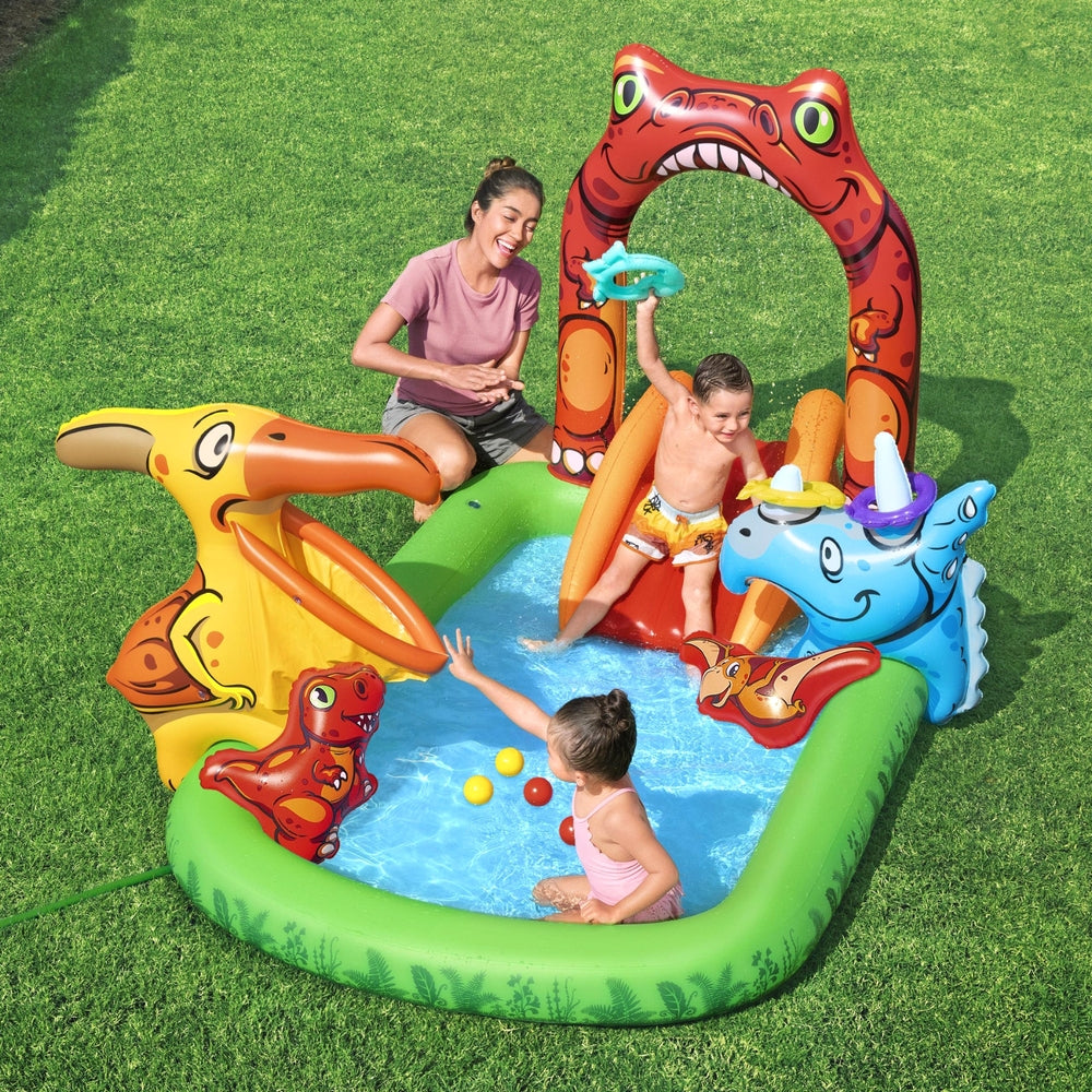 Bestway Jurassic Adventure Inflatable Splash Pool with Fun Slide and Tossing Games - 242x140cm