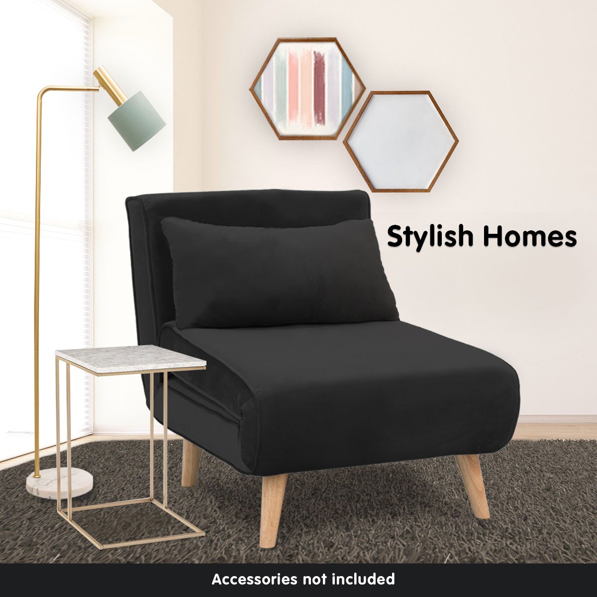 Sarantino Adjustable Chair Single Sofa Bed Faux Velvet - Black
