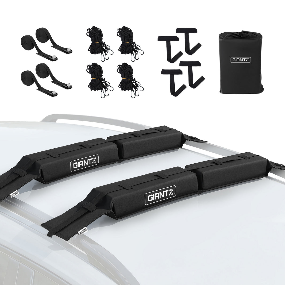 GIANTZ Kayak Roof Rack for Car, Universal Soft Roof Rack Pads for Surfboard SUP Canoe, Roof Bars for SUV Sedan without Side Rails, Portable Cross Bars with 4.5m Tie Down Straps & Ropes, 80kg Capacity