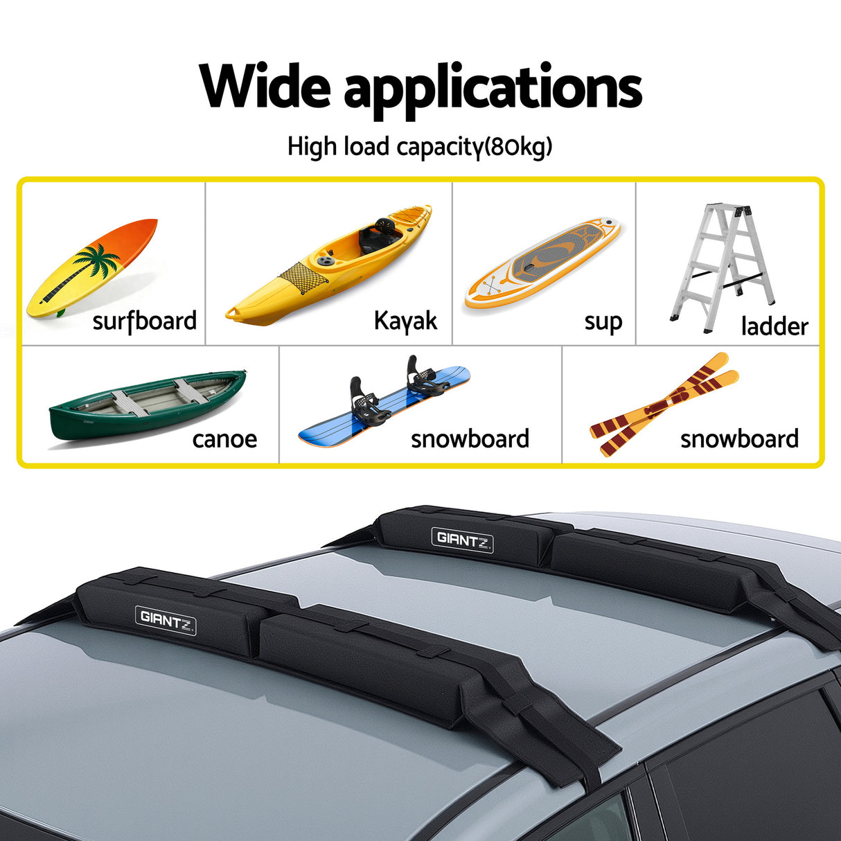 GIANTZ Kayak Roof Rack for Car, Universal Soft Roof Rack Pads for Surfboard SUP Canoe, Roof Bars for SUV Sedan without Side Rails, Portable Cross Bars with 4.5m Tie Down Straps & Ropes, 80kg Capacity