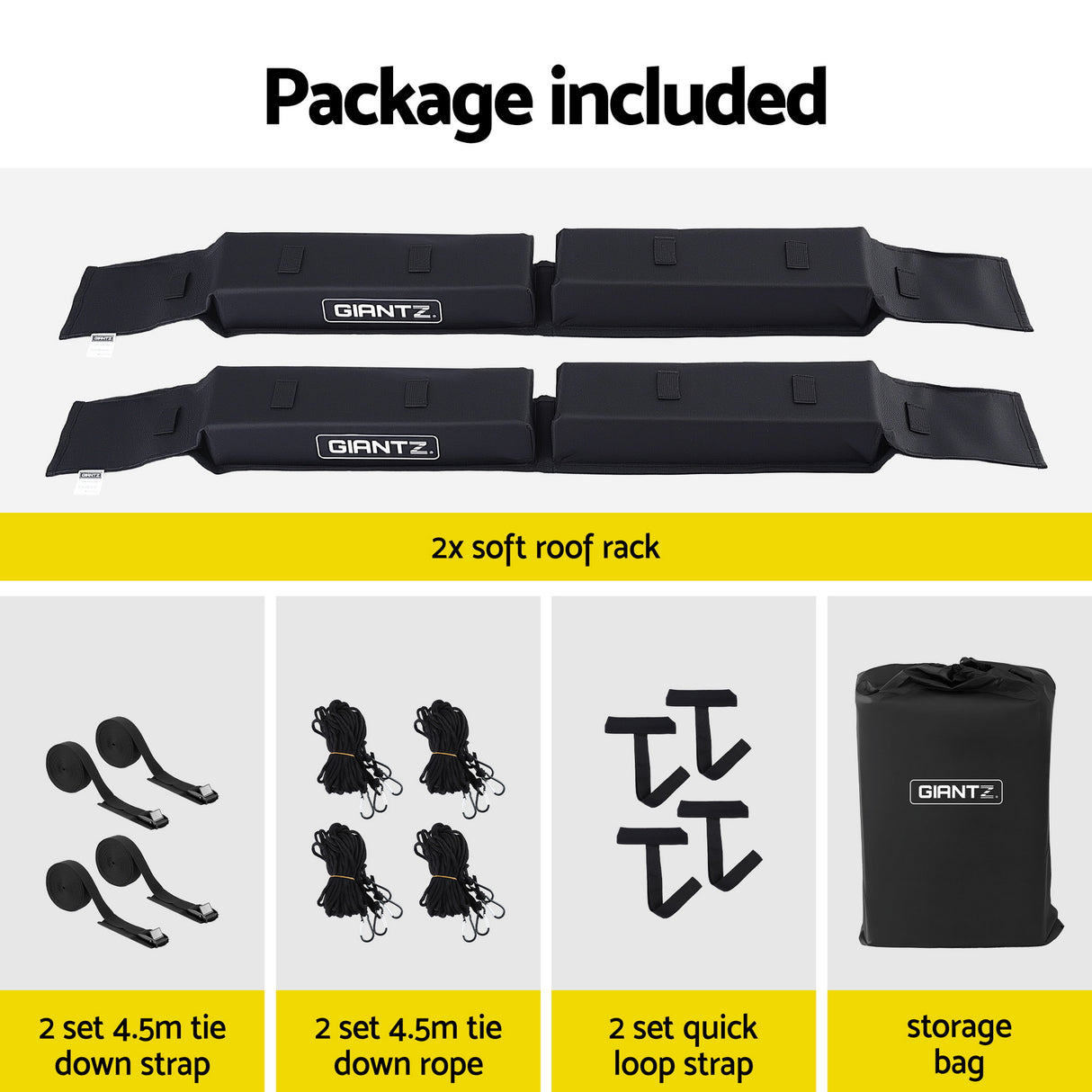GIANTZ Kayak Roof Rack for Car, Universal Soft Roof Rack Pads for Surfboard SUP Canoe, Roof Bars for SUV Sedan without Side Rails, Portable Cross Bars with 4.5m Tie Down Straps & Ropes, 80kg Capacity