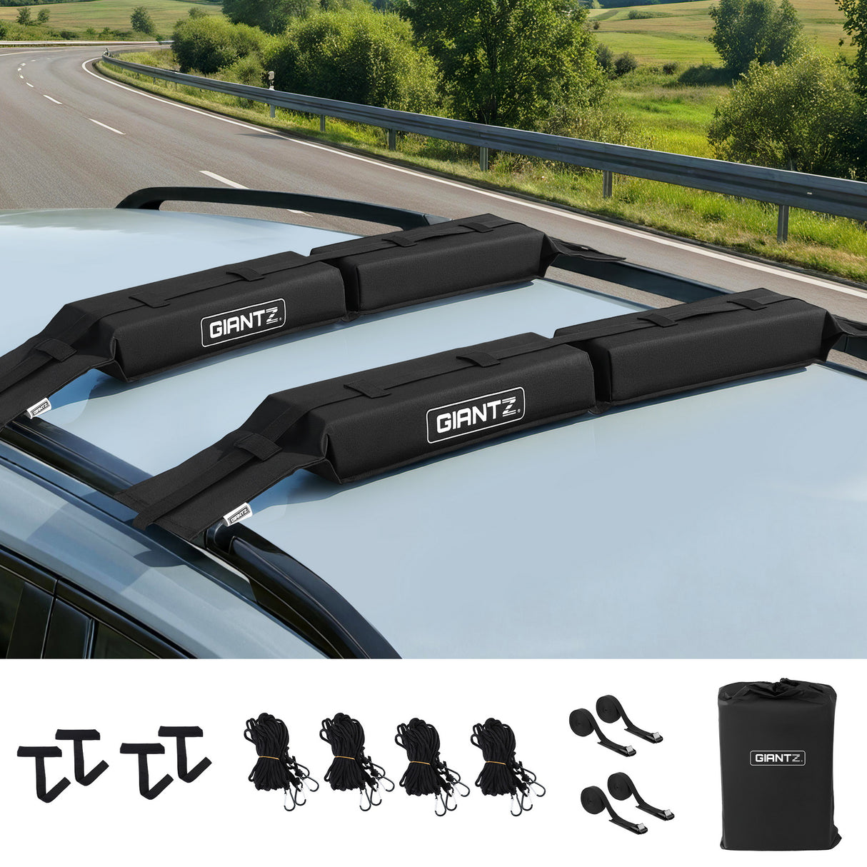 GIANTZ Kayak Roof Rack for Car, Universal Soft Roof Rack Pads for Surfboard SUP Canoe, Roof Bars for SUV Sedan without Side Rails, Portable Cross Bars with 4.5m Tie Down Straps & Ropes, 80kg Capacity