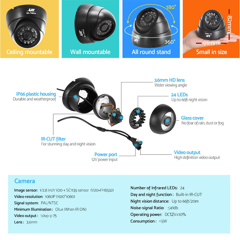 UL-TECH 1080P Security Camera System 4CH DVR with 4 CCTV Dome Cameras