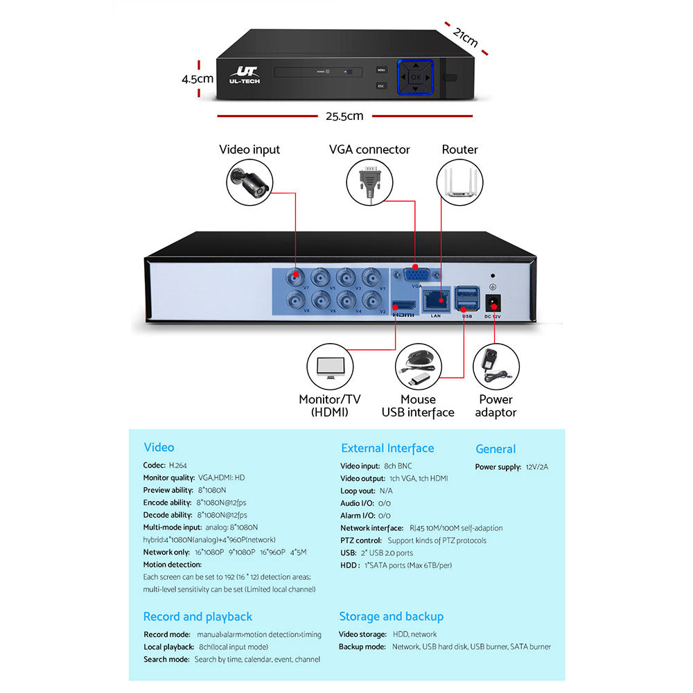 UL-TECH 1080P Security Camera System 8CH DVR with 8 CCTV Bullet Cameras