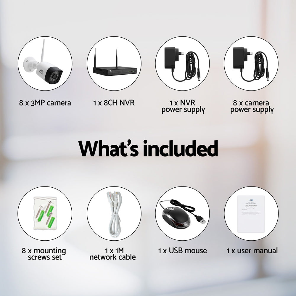 UL-Tech 3MP 8-Channel Wireless CCTV System with 8 HD Cameras