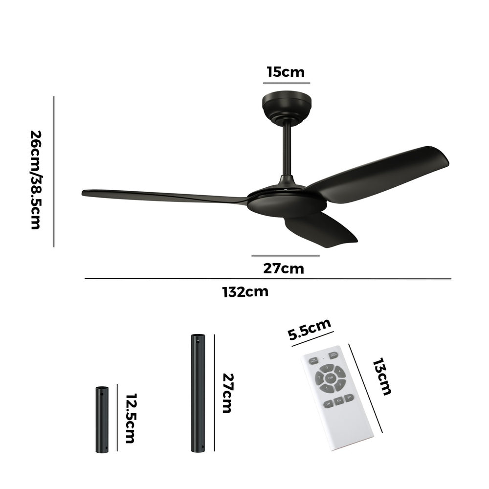 Vevare 52'' Ceiling Fan DC 3 ABS Blades Remote Control Timer Black