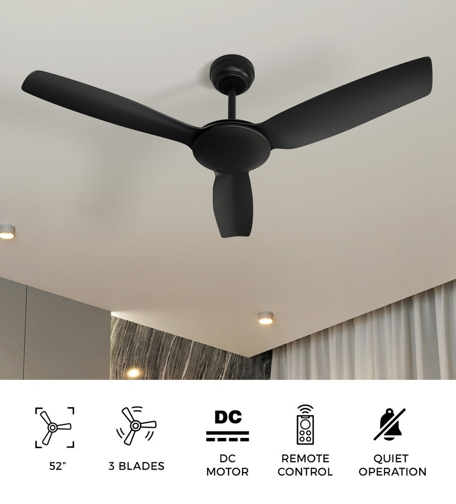 Vevare 52'' Ceiling Fan DC 3 ABS Blades Remote Control Timer Black