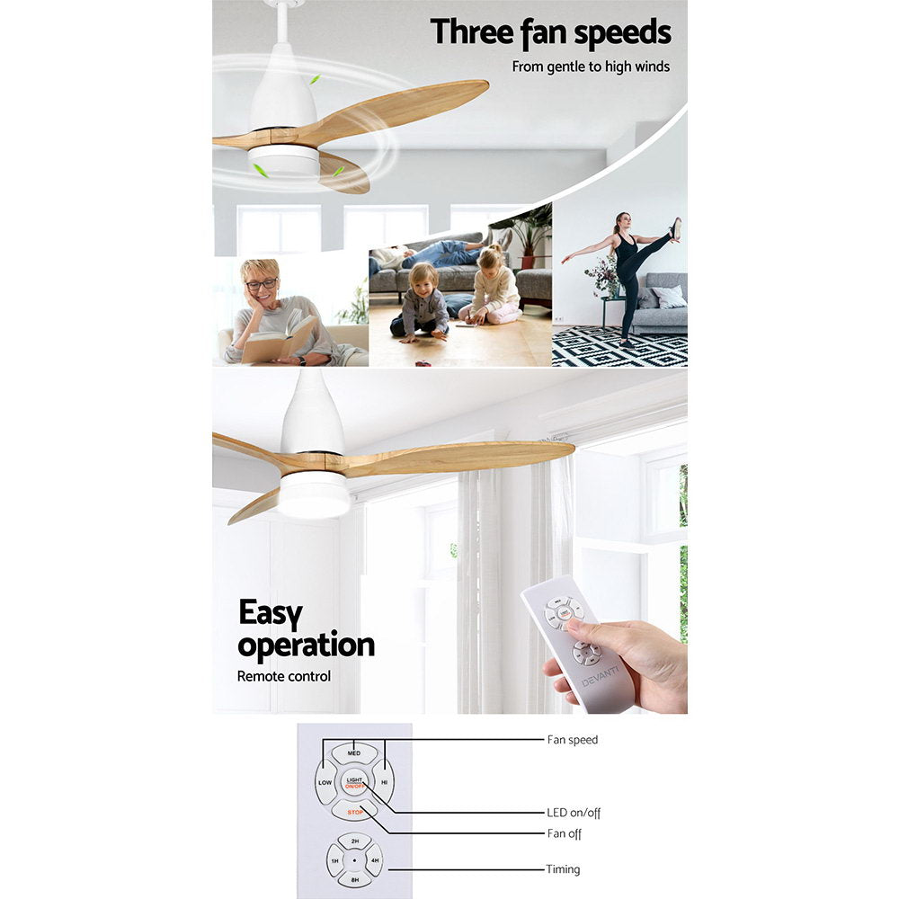 Devanti 52 Remote-Controlled Ceiling Fan with LED Light - Light Wood Finish