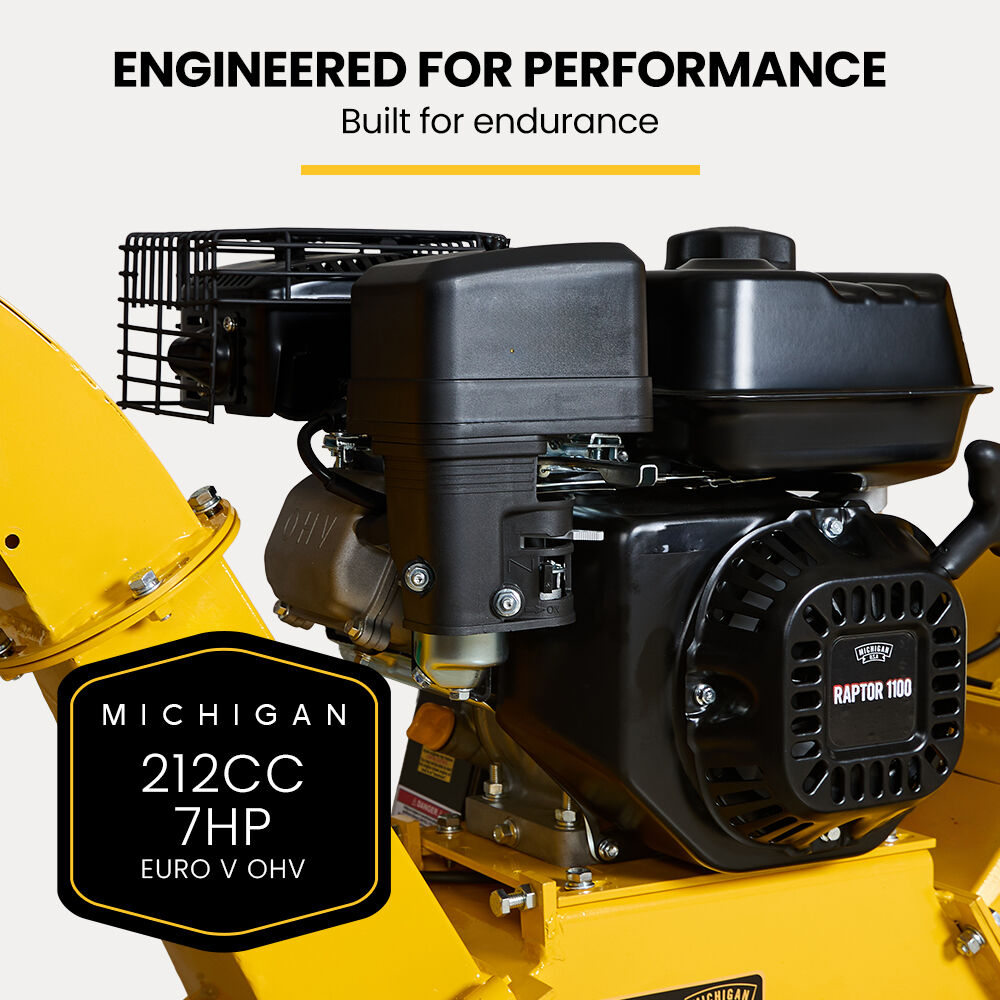 MICHIGAN 7HP 212cc Petrol Wood Chipper, Tree Mulcher - Raptor 1100