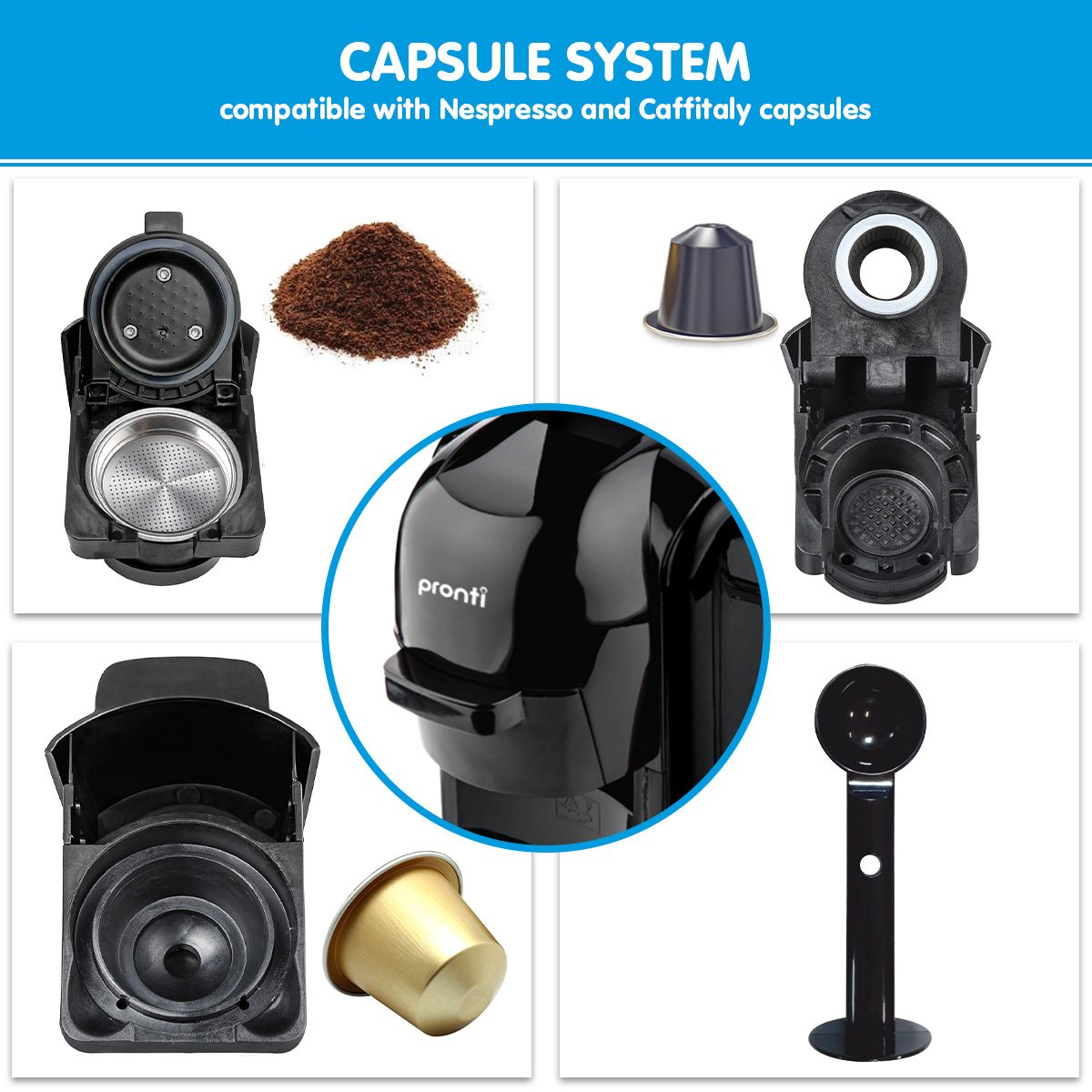 Pronti HomeMaid 3-in-1 Coffee Machine Multi-Capsule Pods and Ground Coffee Nespresso & Caffital