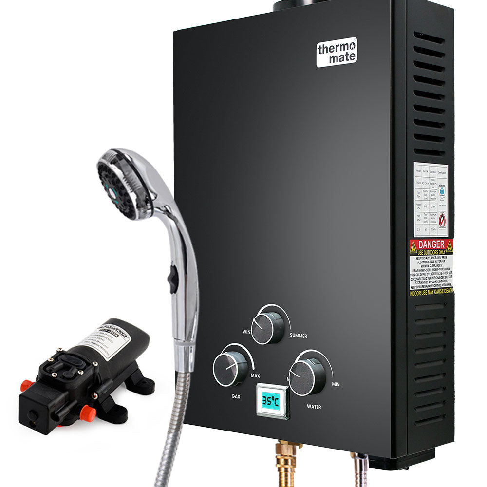 THERMOMATE Portable Gas Outdoor Camping Hot Water Heater System, with 12V Pump, Shower Head, Black