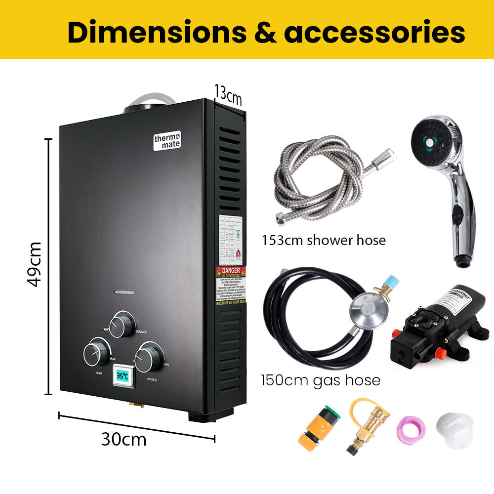 THERMOMATE Portable Gas Outdoor Camping Hot Water Heater System, with 12V Pump, Shower Head, Black