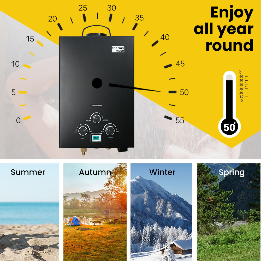 THERMOMATE Portable Gas Outdoor Camping Hot Water Heater System, with 12V Pump, Shower Head, Black