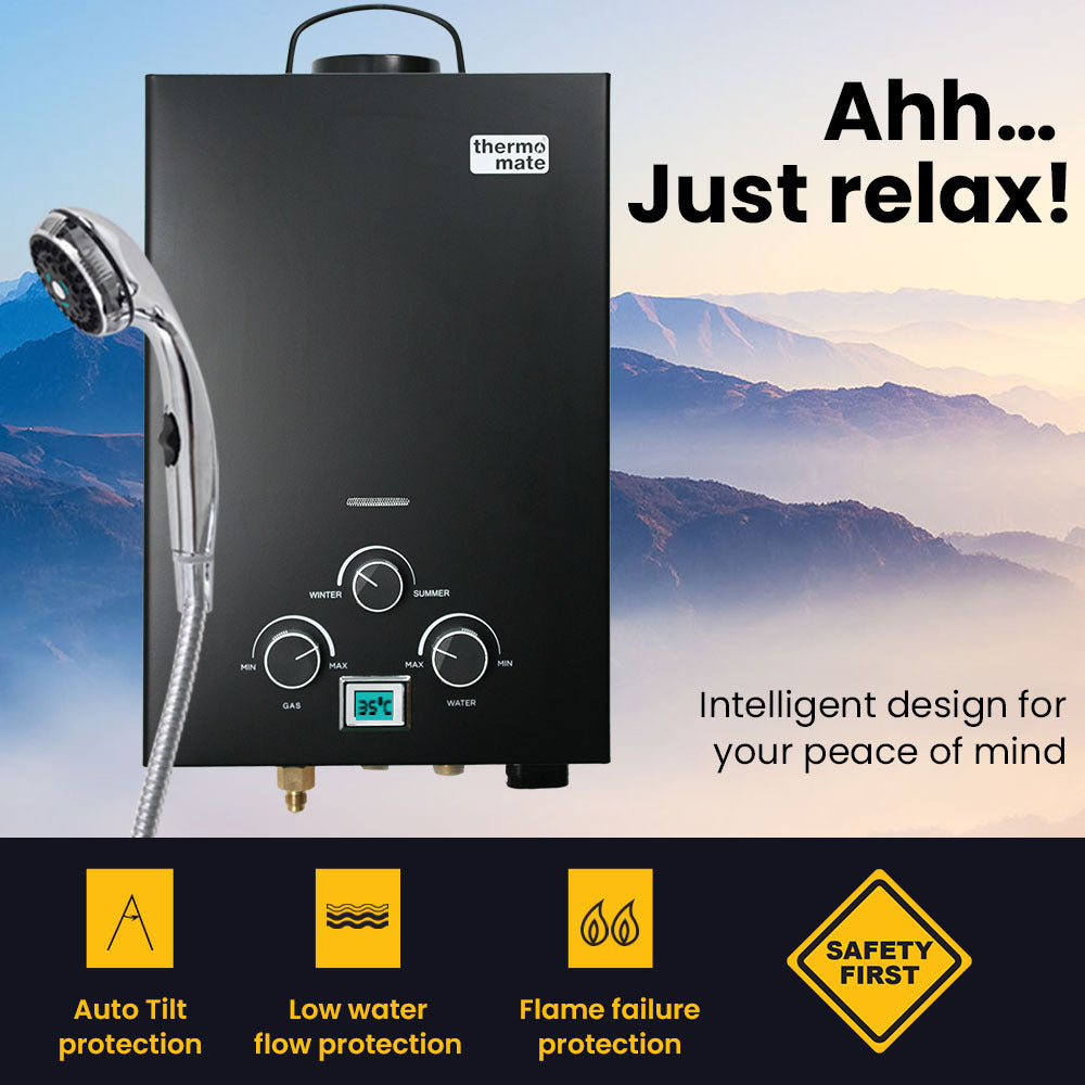 THERMOMATE Portable Gas Outdoor Camping Hot Water Heater System, with 12V Pump, Shower Head, Black