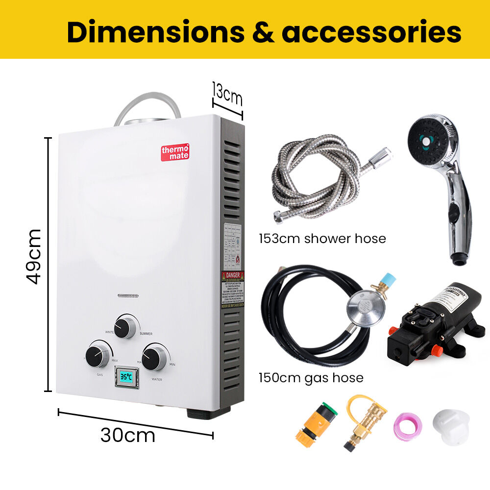 THERMOMATE Portable Gas Outdoor Camping Hot Water Heater System, with 12V Pump, Shower Head, White