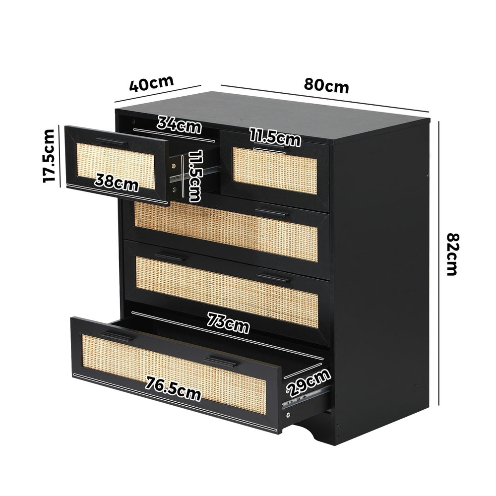 Oikiture 5 Chest of Drawers Dresser Rattan Black