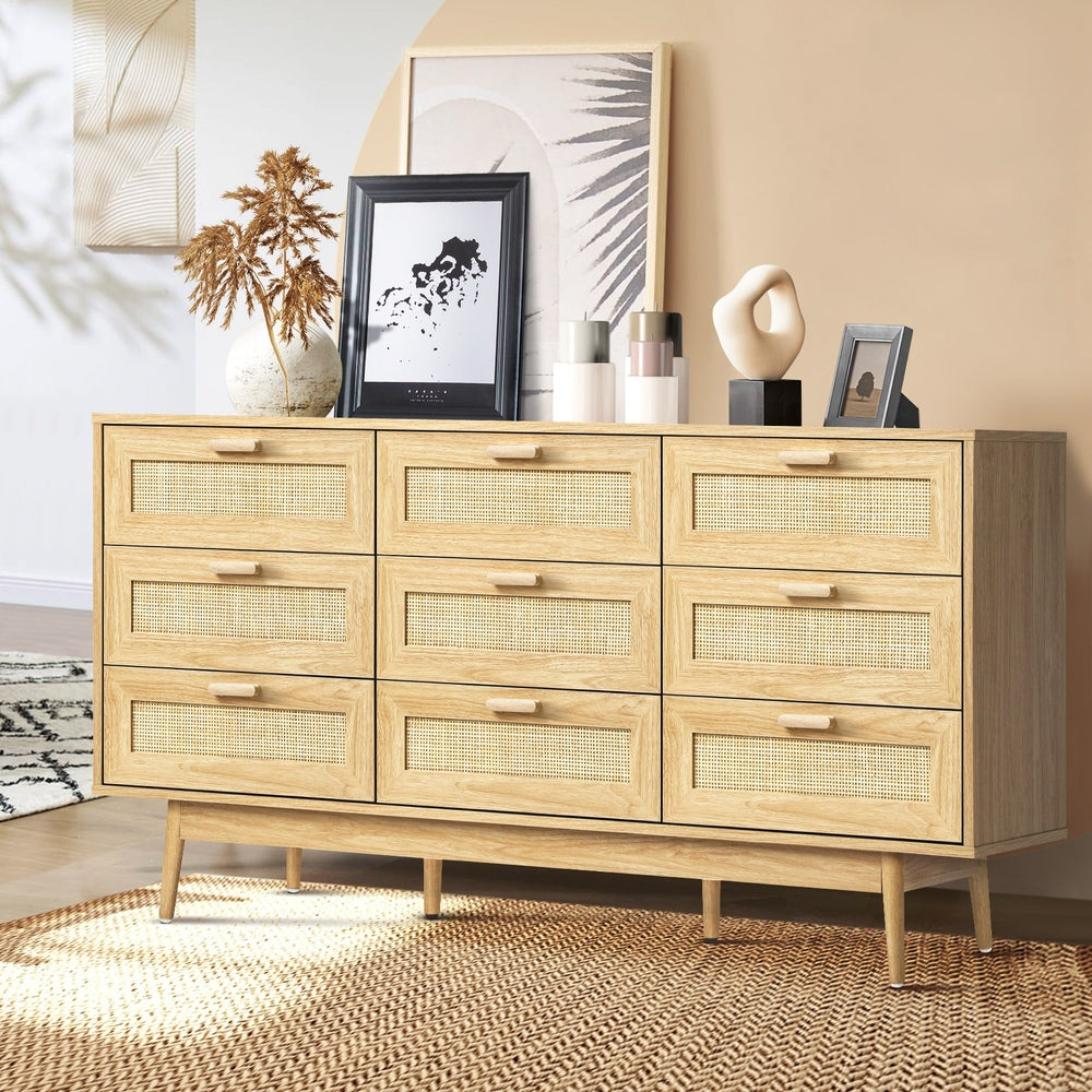 Oikiture 9 Chest of Drawers Rattan Lowboy Wooden