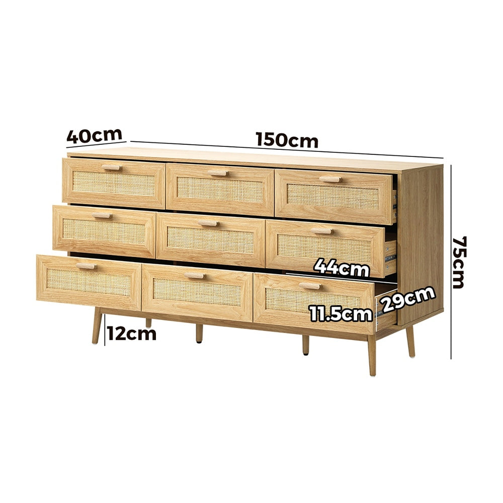 Oikiture 9 Chest of Drawers Rattan Lowboy Wooden