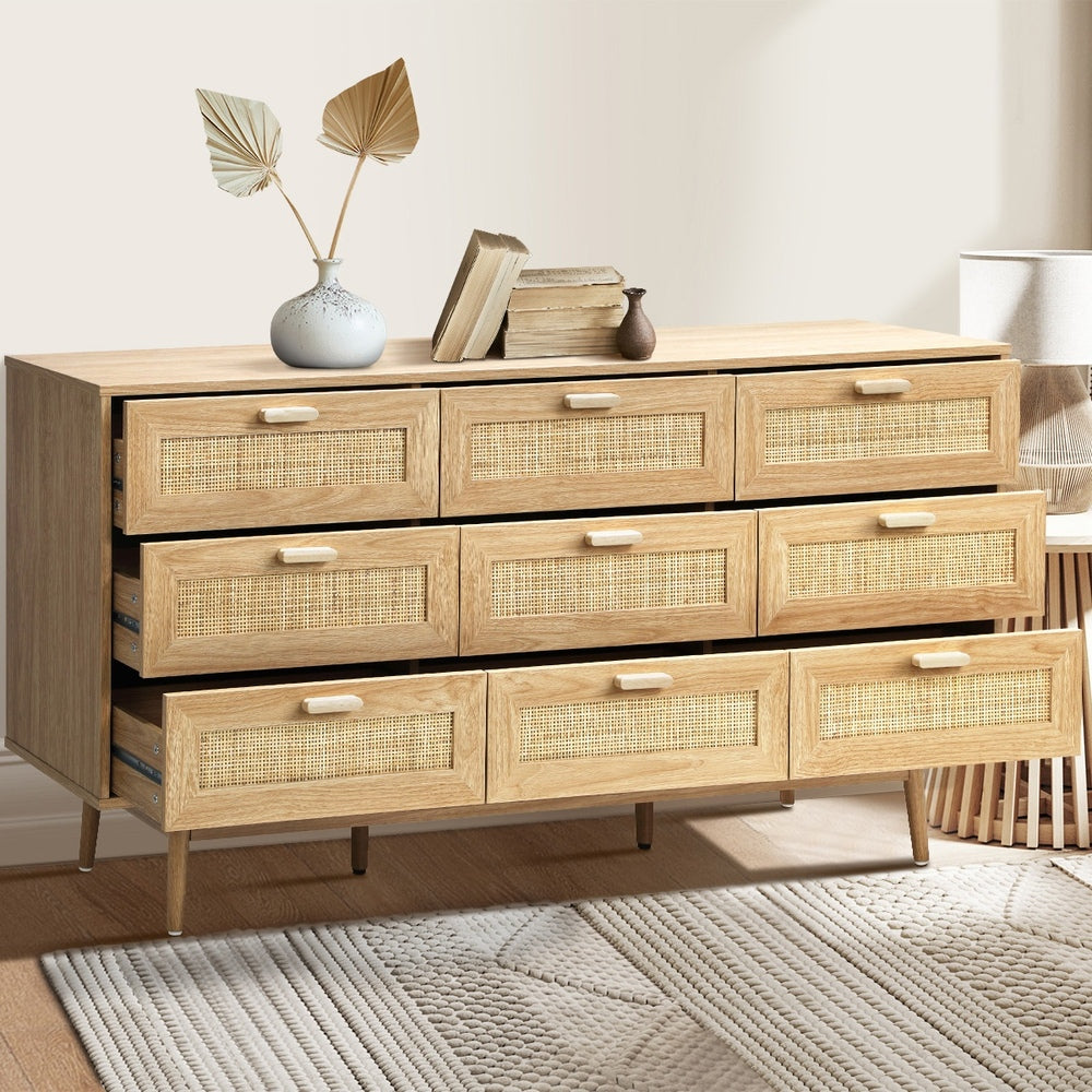 Oikiture 9 Chest of Drawers Rattan Lowboy Wooden