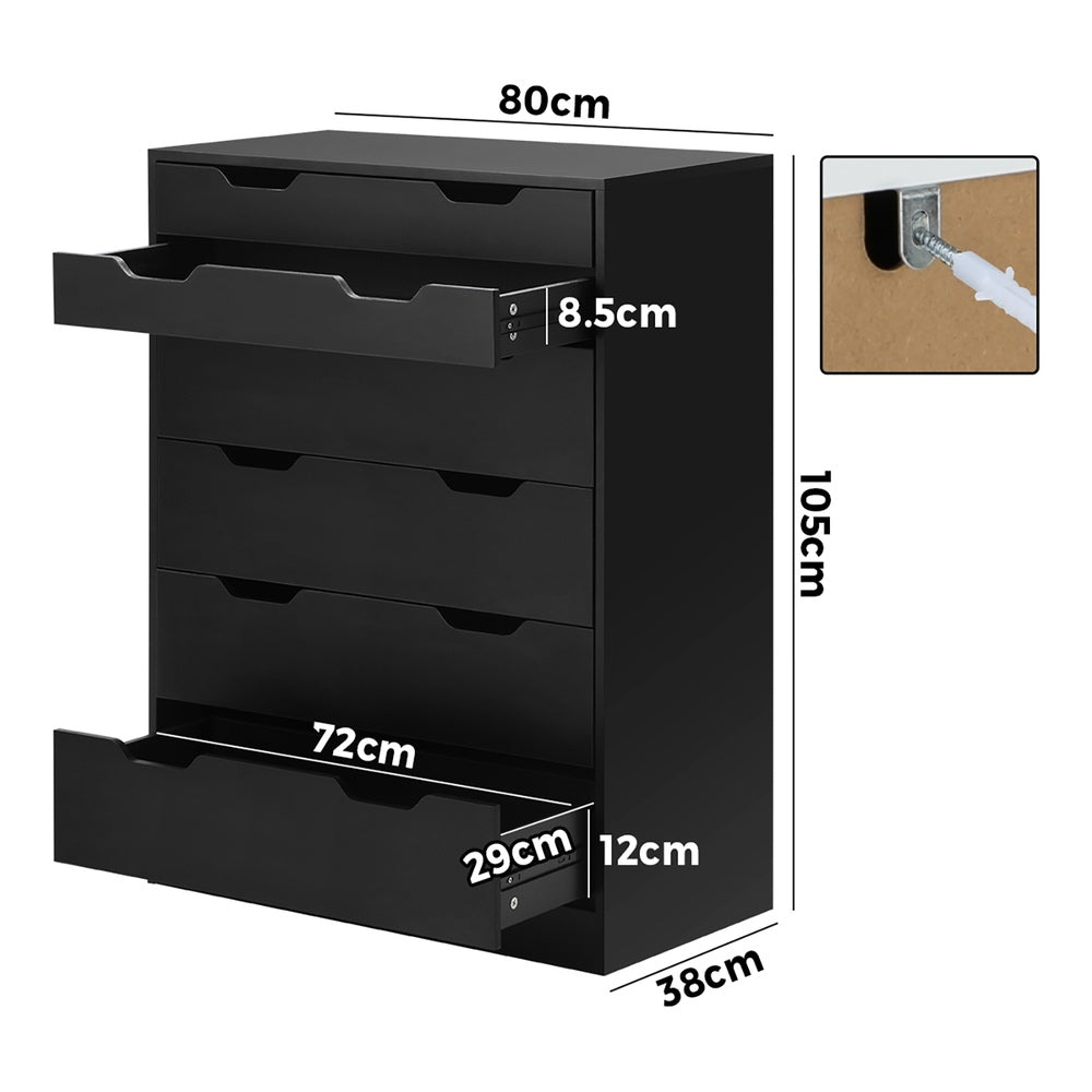 Oikiture 6 Chest of Drawers Air Gap Handles Black