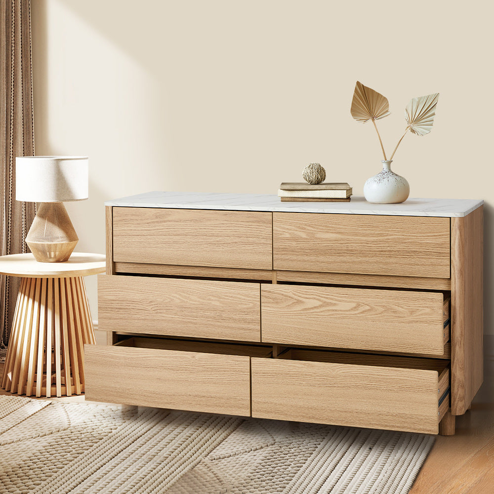 Oikiture 6 Chest of Drawers Dresser Faux Marble Top Natural