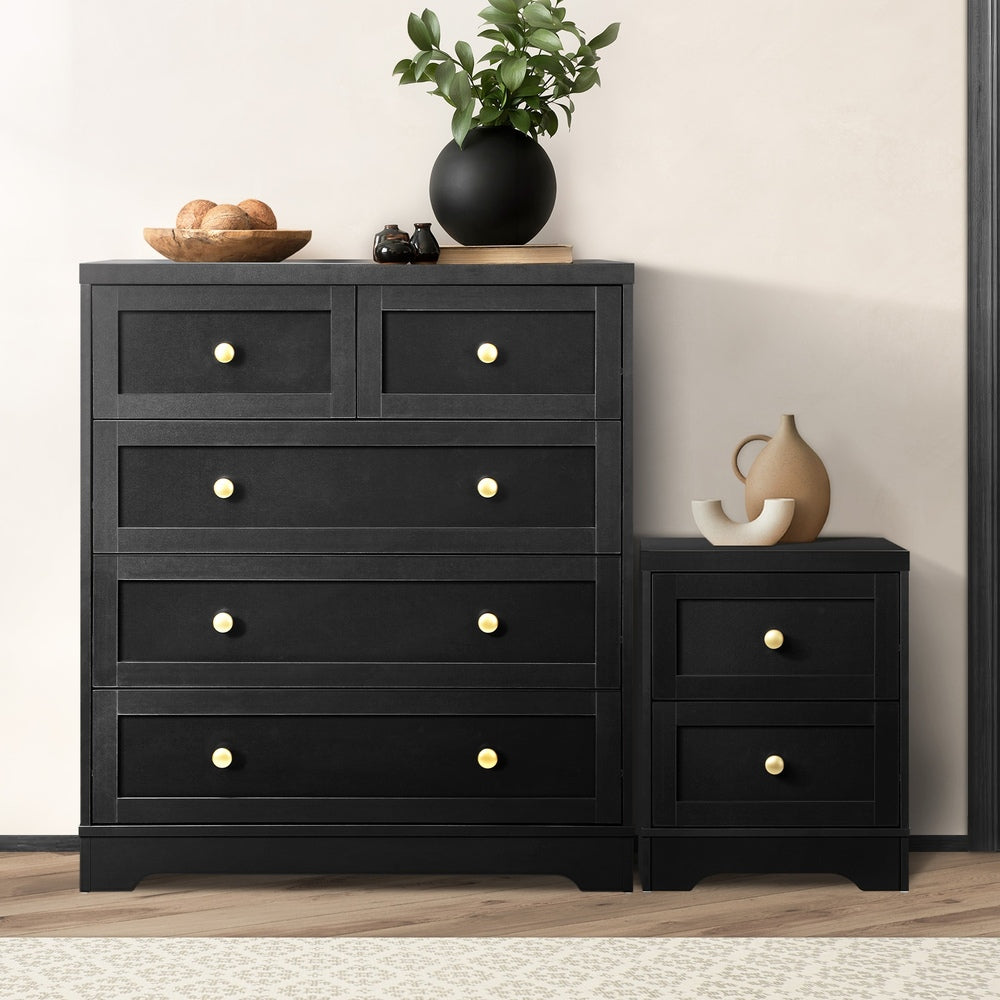Oikiture 5 Chest of Drawers and Bedside Table Hamptons Furniture Set Black