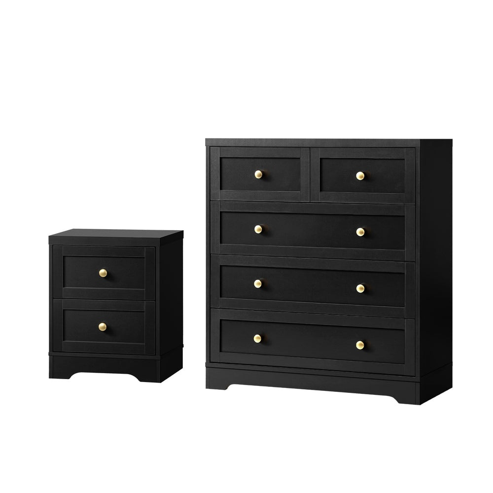Oikiture 5 Chest of Drawers and Bedside Table Hamptons Furniture Set Black