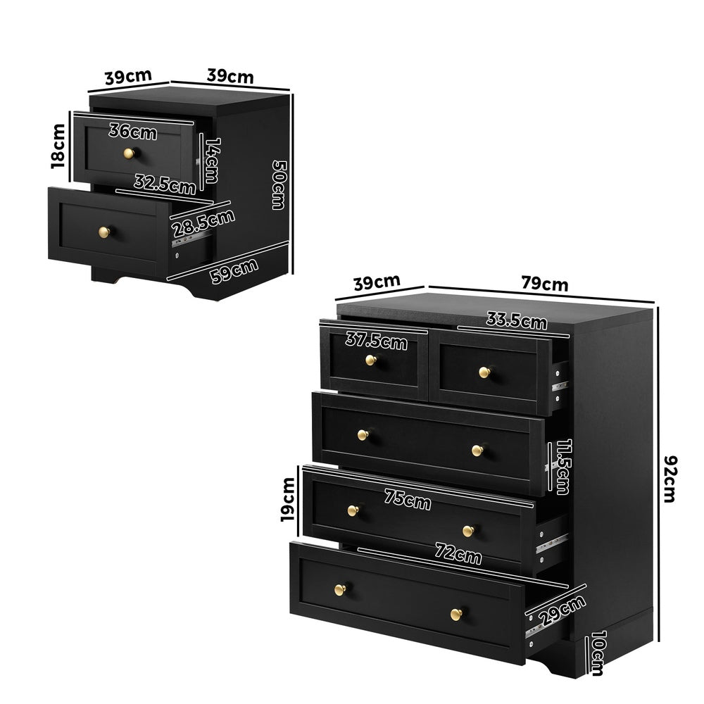 Oikiture 5 Chest of Drawers and Bedside Table Hamptons Furniture Set Black