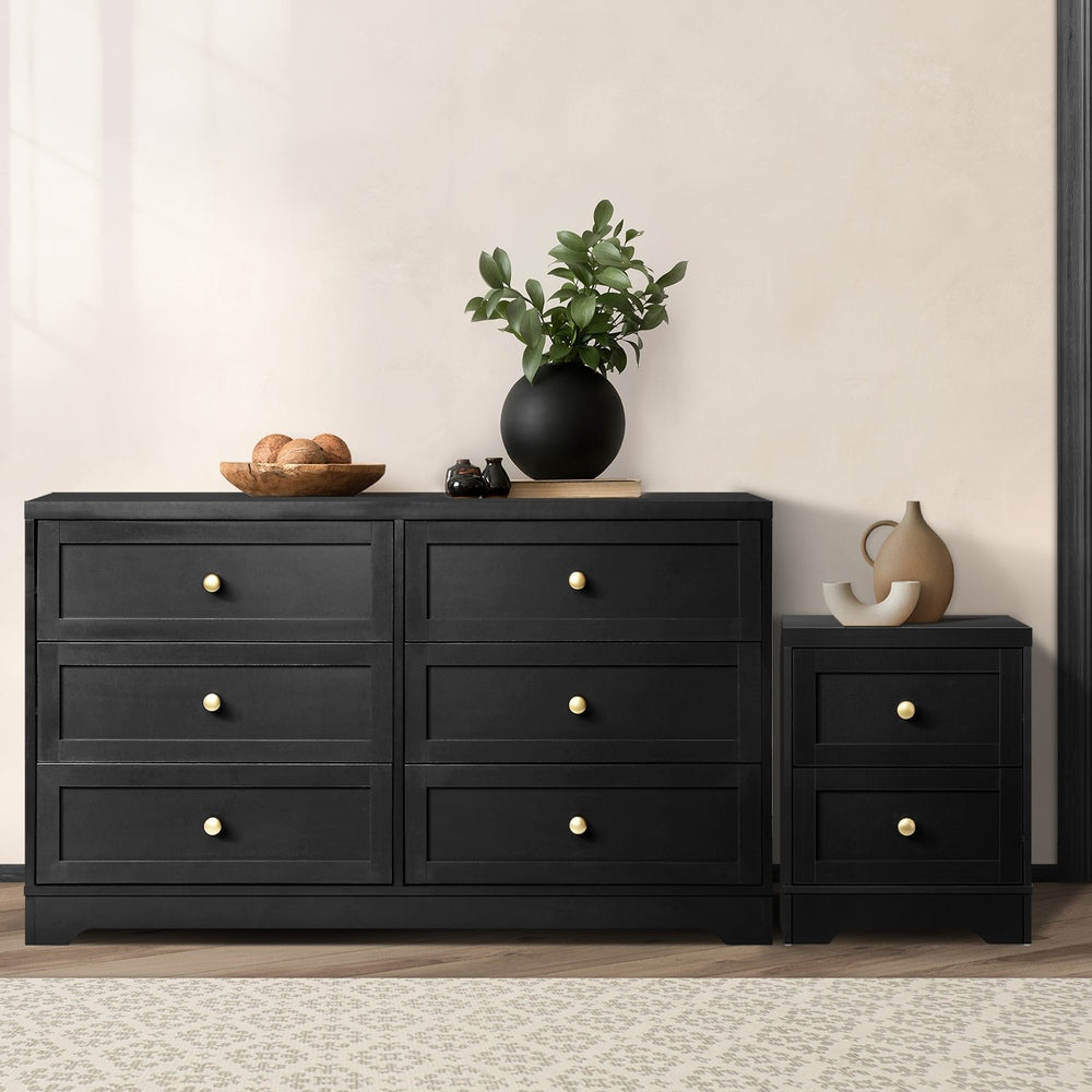 Oikiture 6 Chest of Drawers and Bedside Table Hamptons Furniture Set Black