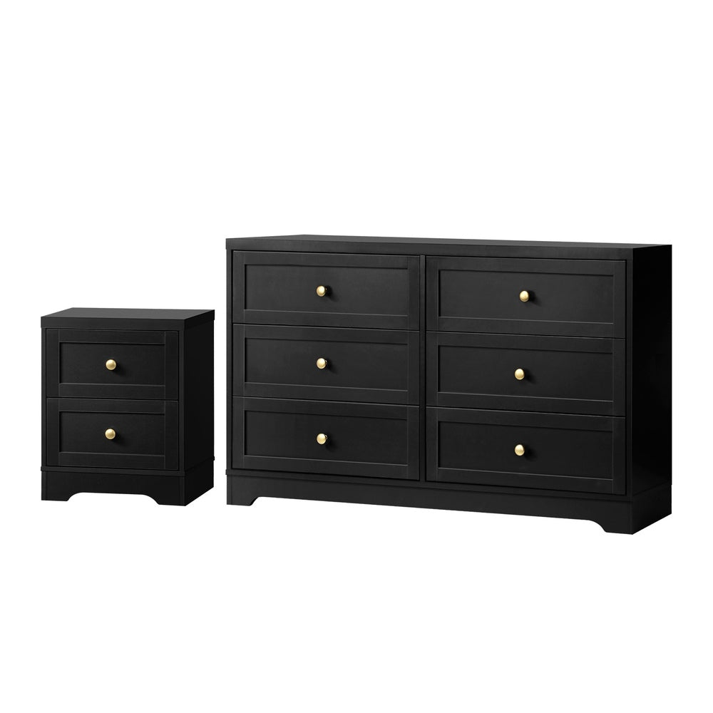 Oikiture 6 Chest of Drawers and Bedside Table Hamptons Furniture Set Black