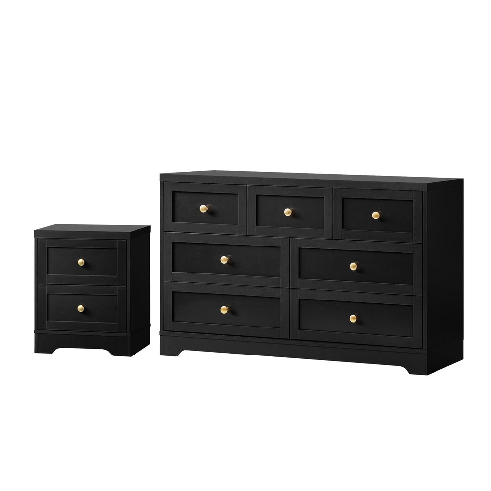 Oikiture 7 Chest of Drawers and Bedside Table Hamptons Furniture Set Black