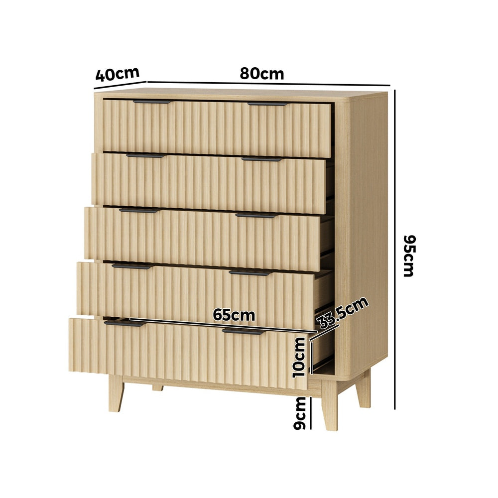 Oikiture 5 Chest of Drawers Dressers Tallboy Stripe Natural