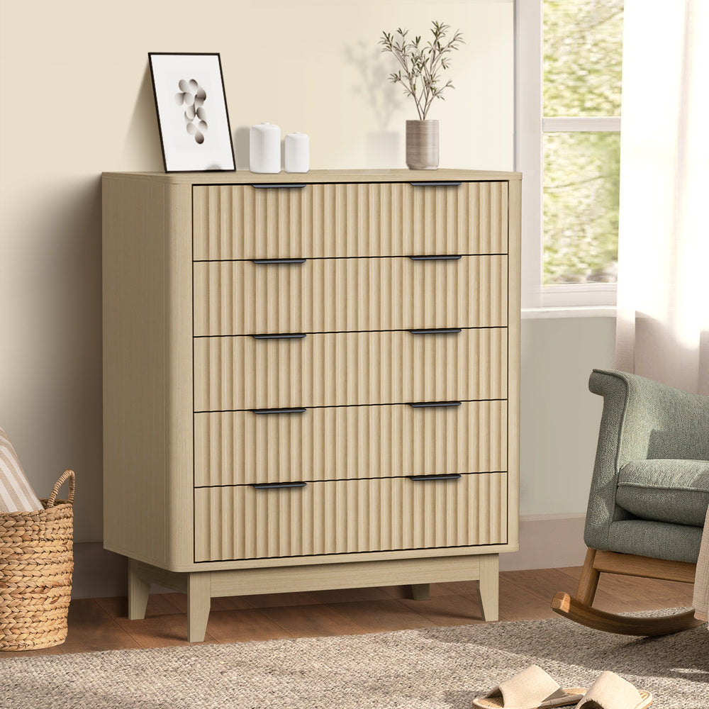 Oikiture 5 Chest of Drawers Dressers Tallboy Stripe Natural