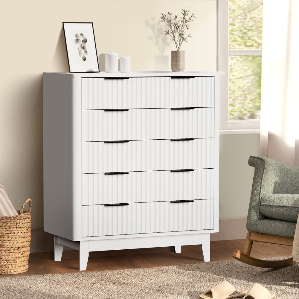 Oikiture 5 Chest of Drawers Dressers Tallboy Stripe White
