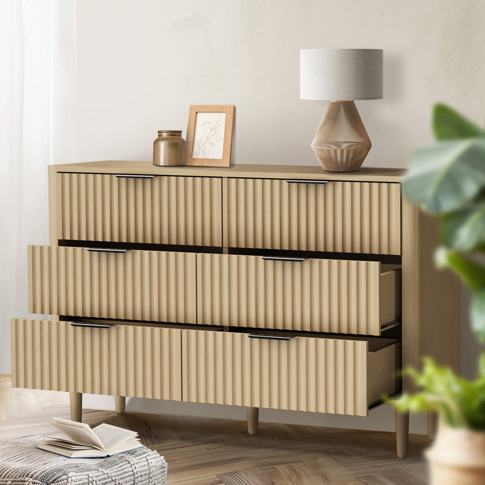 Oikiture 6 Chest of Drawers Dressers Lowboy Stripe Natural