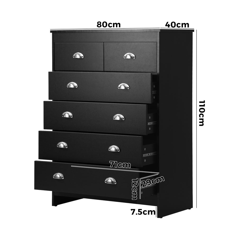 Oikiture 6 Chest of Drawers Tallboy Dresser Black