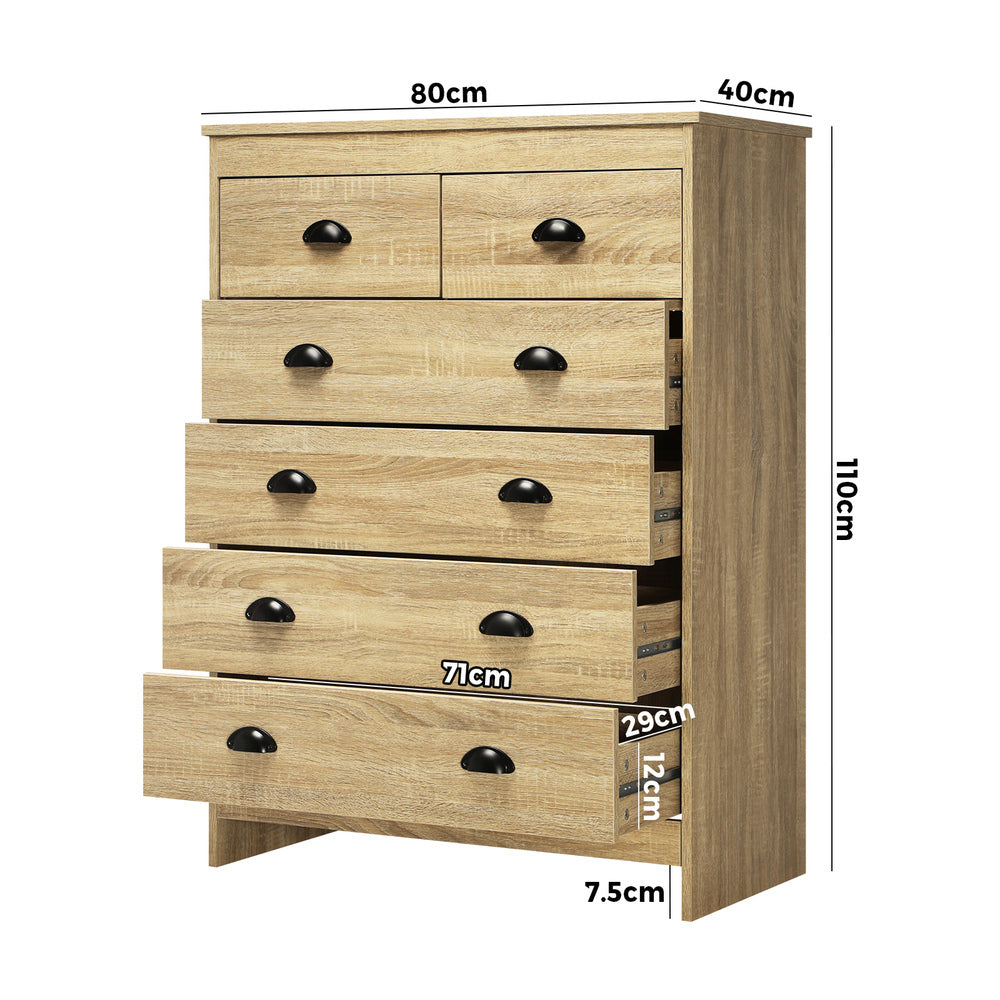 Oikiture Tallboy Chest of Drawer with 6 Drawers Natural Wood