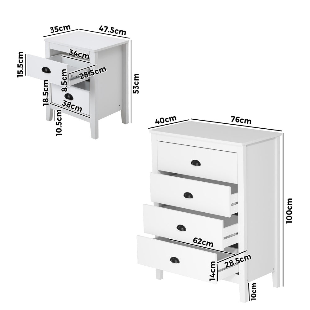 Oikiture 4 Chest of Drawers and Bedside Table Vintage Bedroom Set White