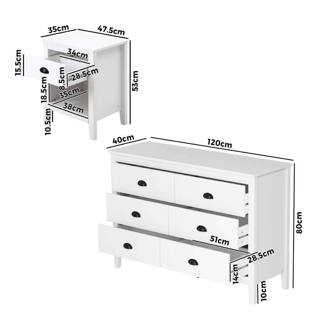 Oikiture 6 Chest of Drawers and 2 Bedside Tables Vintage Bedroom Set